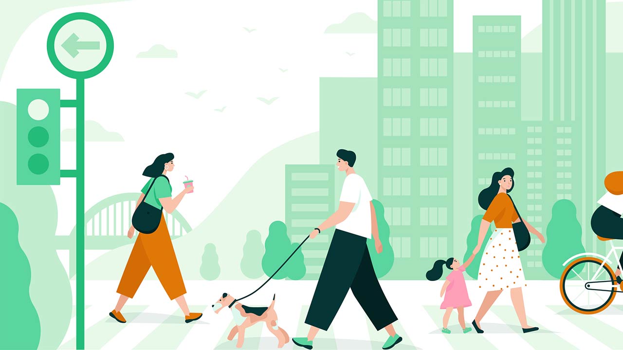 City scape flat vector illustration of people walking