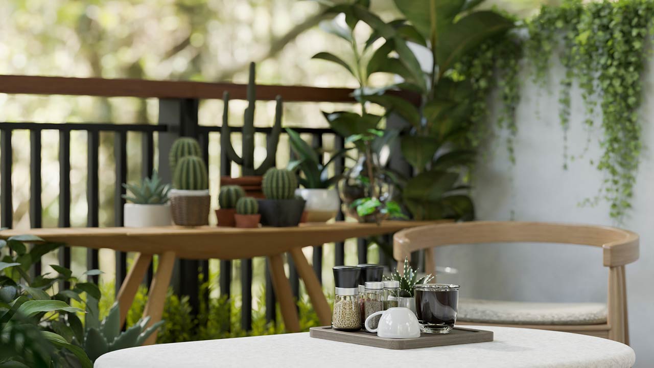 a balcony with various tropical plants, funriture, coffee and a beautiful nature view